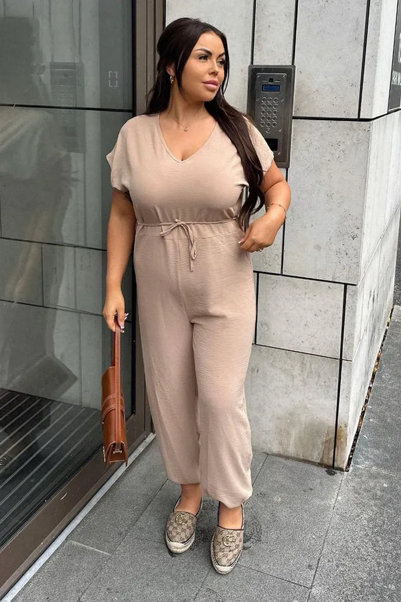 Beige V-Neck Oversized Tie Detail Jumpsuit - Sammie