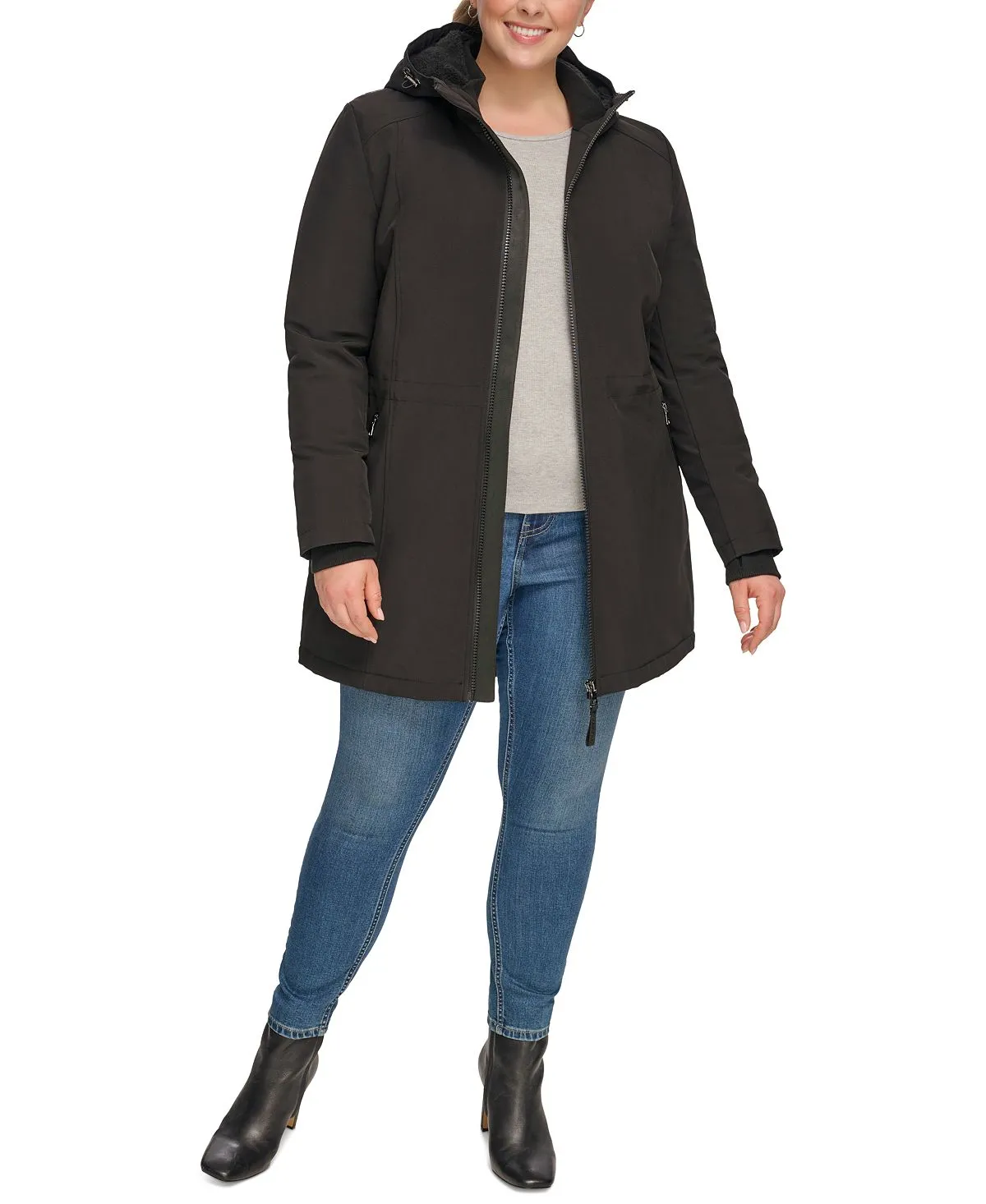 Calvin Klein Women's Plus Size Hooded Anorak with Faux Fur Lining ,  black