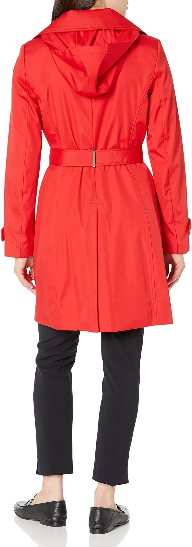 Calvin Klein Women's Single Breasted Belted Rain Jacket with Detachable Hood, Cherry