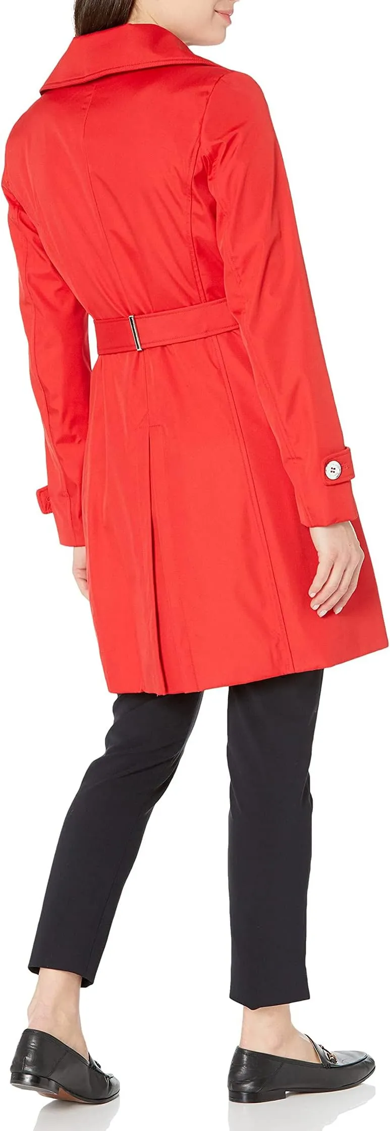 Calvin Klein Women's Single Breasted Belted Rain Jacket with Detachable Hood, Cherry