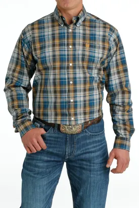 Cinch Men's Blue Khaki Geometric Print Long Sleeve Button Down Western Shirt