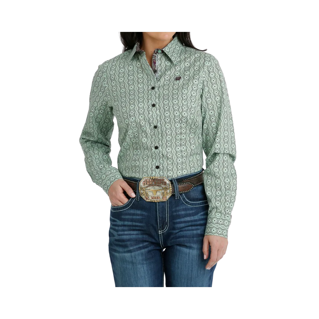 Cinch Women's Button Down Western Lime Green Brown Shirt