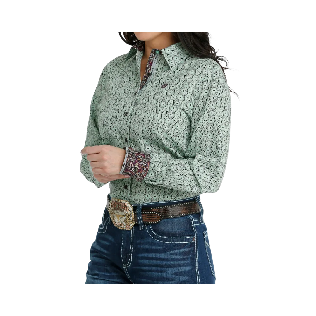 Cinch Women's Button Down Western Lime Green Brown Shirt