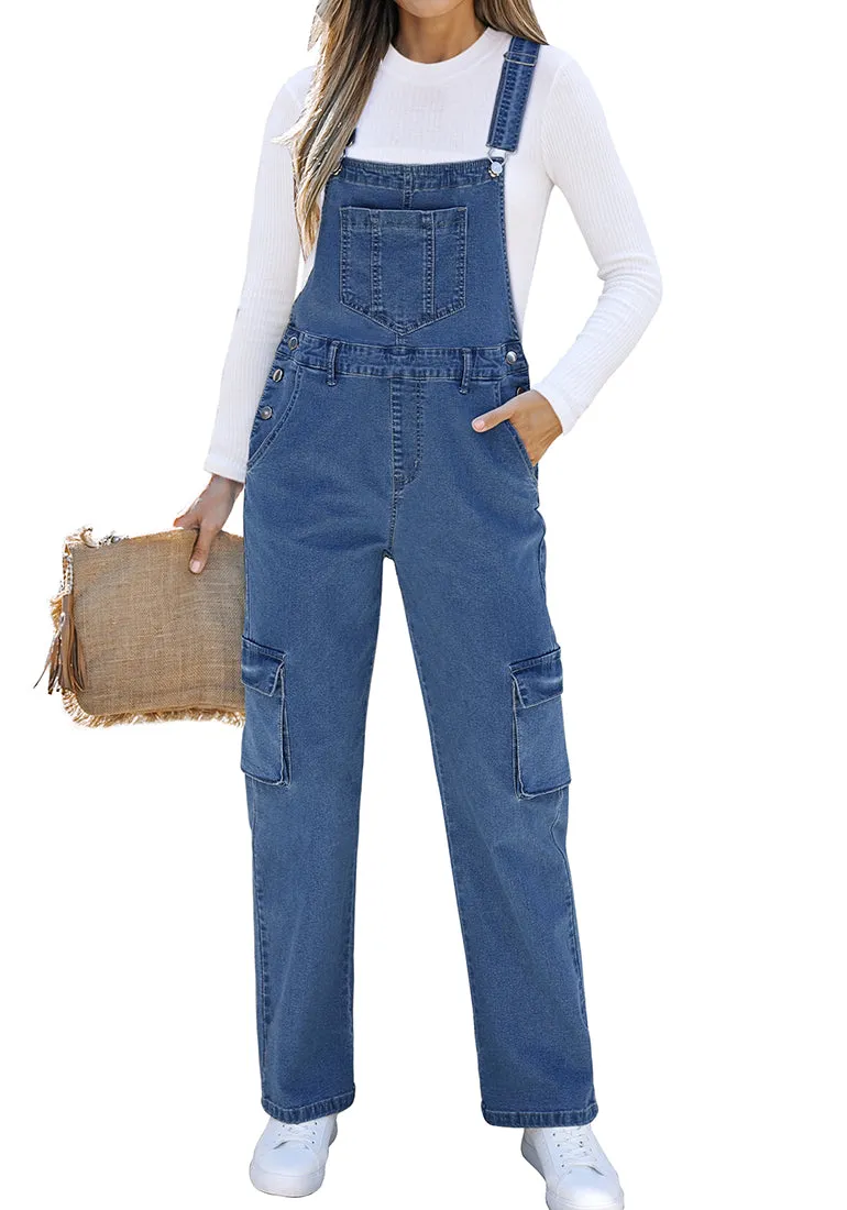 Classic Blue Women's Casual Adjustable Strap Wide Leg Jumpsuit with Pocket Jeans Trouser