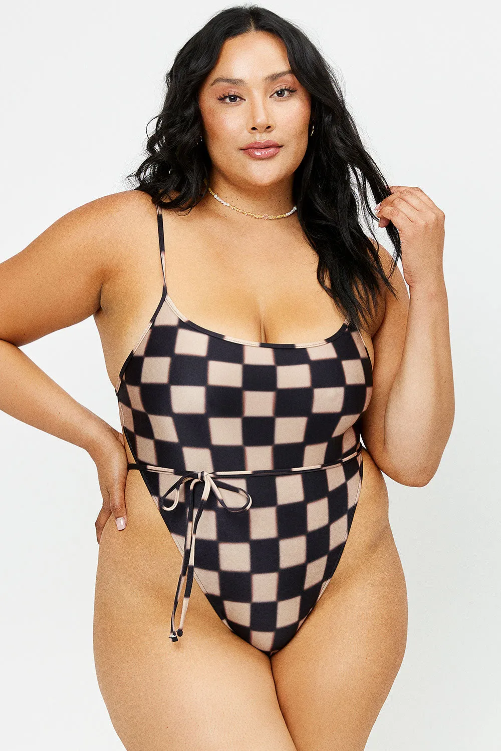 Croft Satin Cheeky One Piece Swimsuit - Black Checker