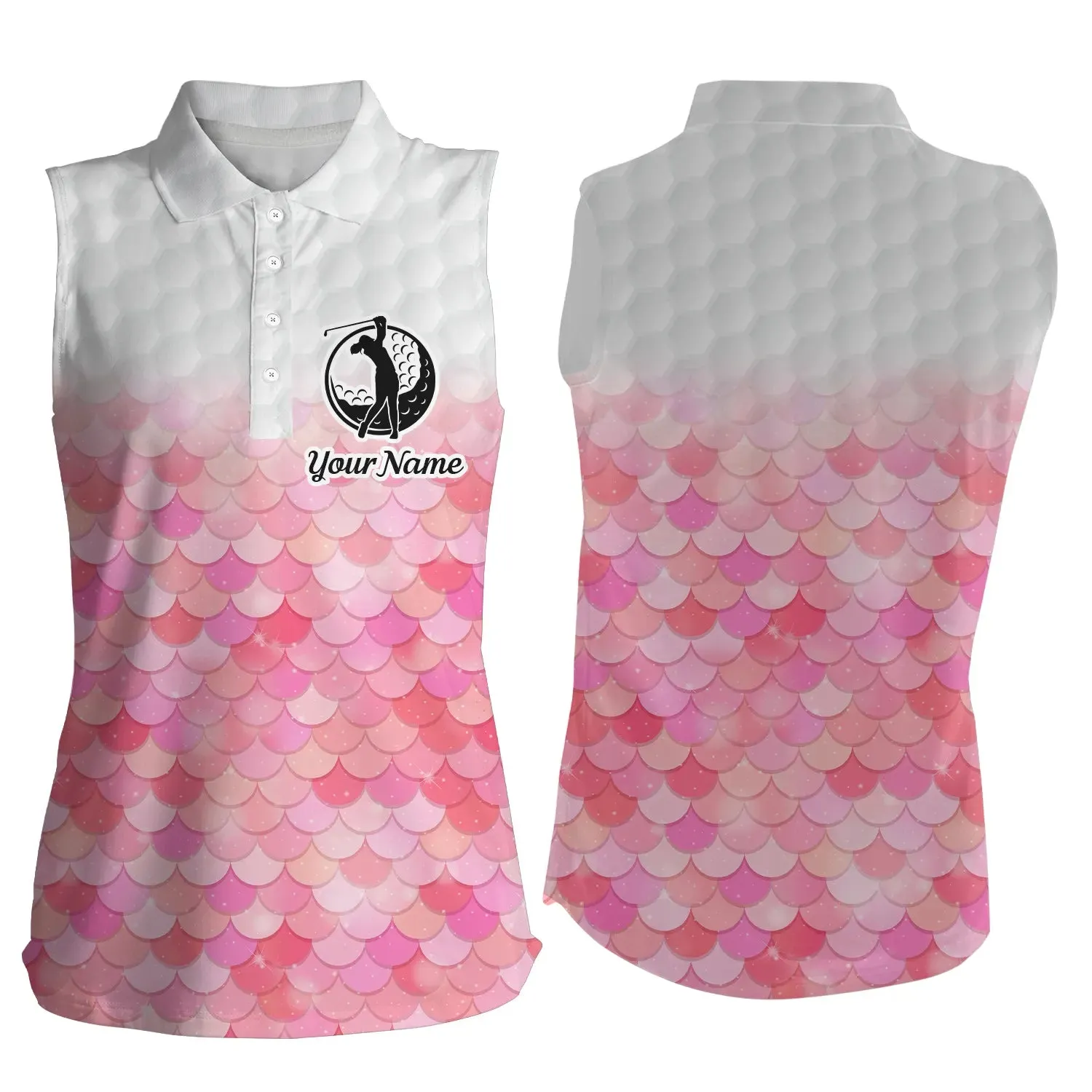 Custom Name Pattern Golf Shirts, Ladies Golf Tops, Women's Sleeveless Polo Shirt Rainbow Mermaid Scales