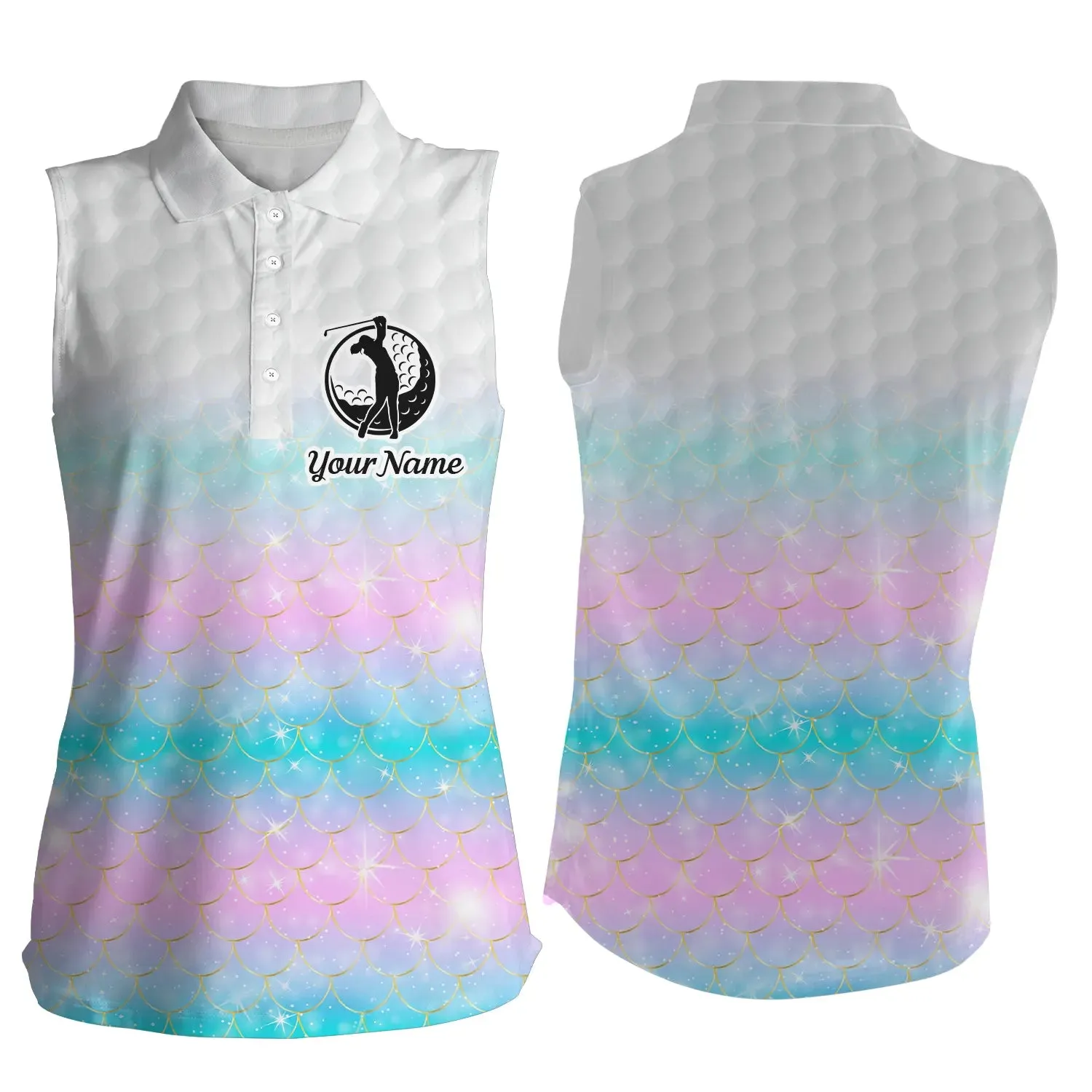 Custom Name Pattern Golf Shirts, Ladies Golf Tops, Women's Sleeveless Polo Shirt Rainbow Mermaid Scales