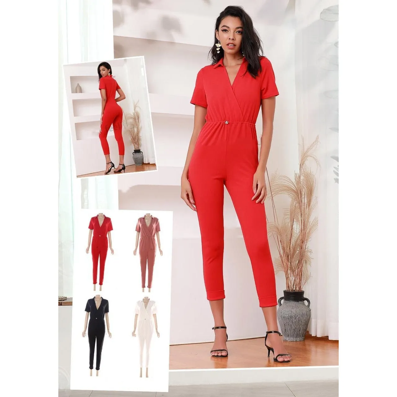 Deep V-Neck 3 Quarter Sleeve jumpsuits 