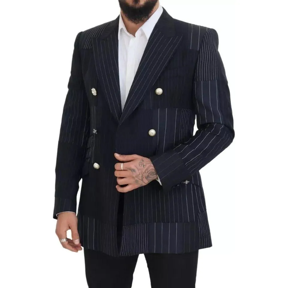 Dolce & Gabbana Blue Wool Patchwork Double Breasted Blazer