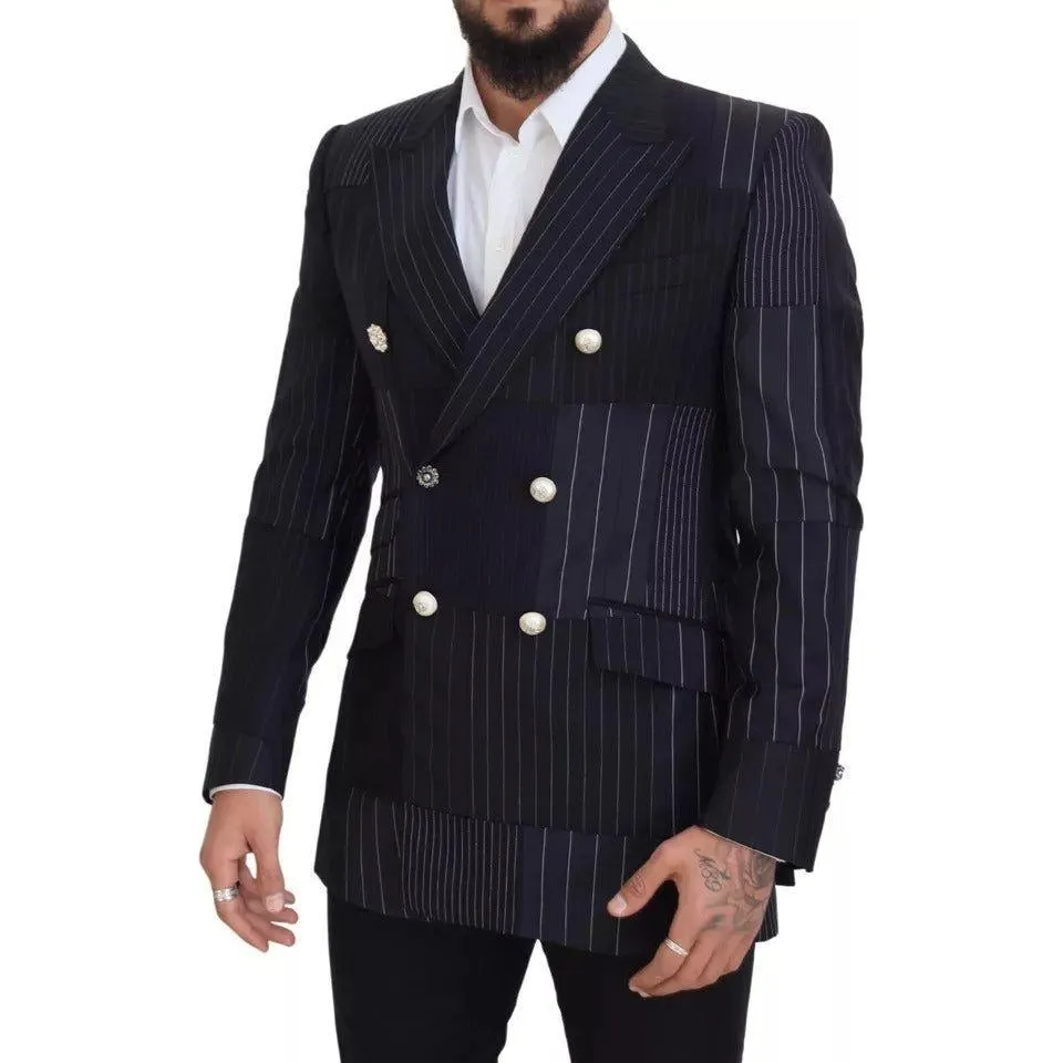 Dolce & Gabbana Blue Wool Patchwork Double Breasted Blazer