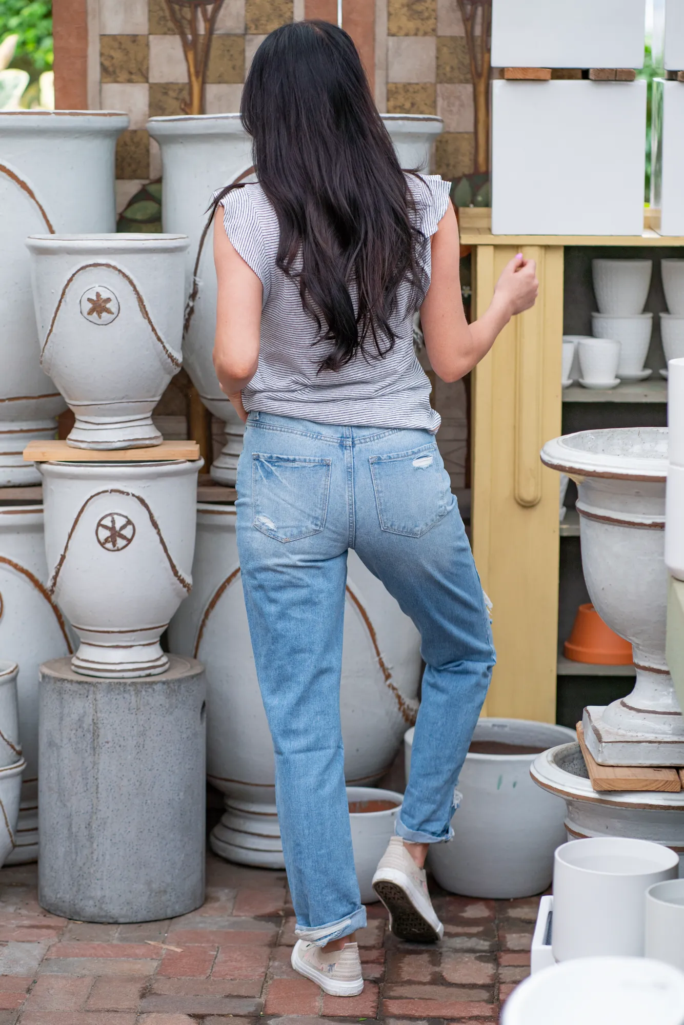 Elastic Blue Distressed Rigid Mom Jeans