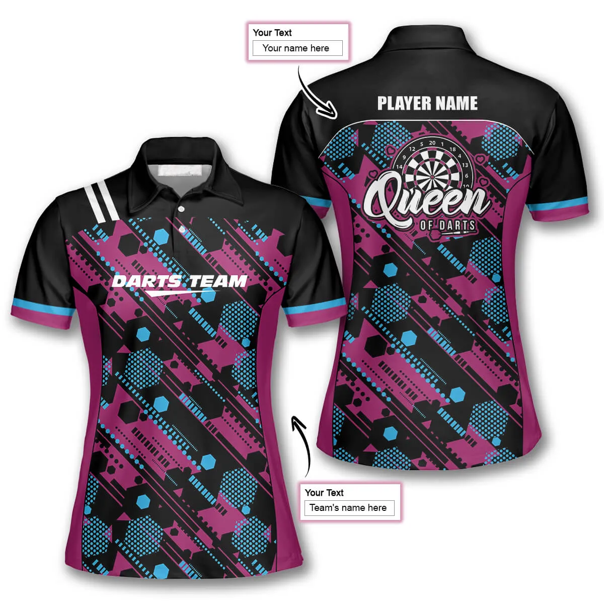 Hexagon Pattern Custom Darts Shirts for Women, Queen of Darts Polo Shirt