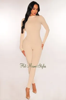 HMS Essential: Nude Ribbed Long Sleeves Mock Neck Jumpsuit