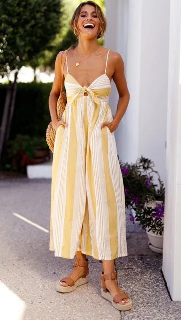 Hot Stuff Striped Jumpsuit With Bow Tie Front