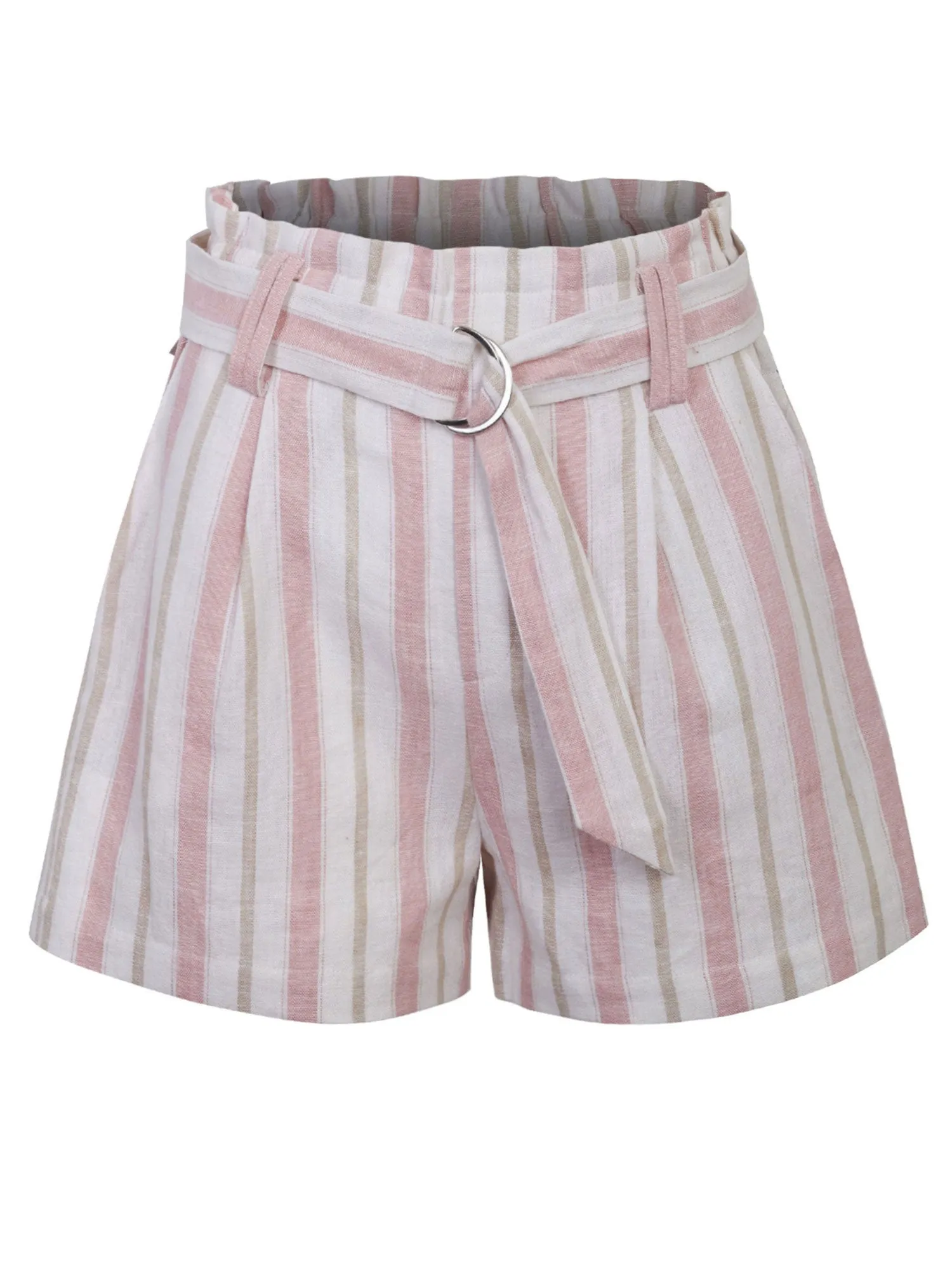 KOGMO Women's Casual Multi Color Striped Summer Beach Linen Shorts With Belt