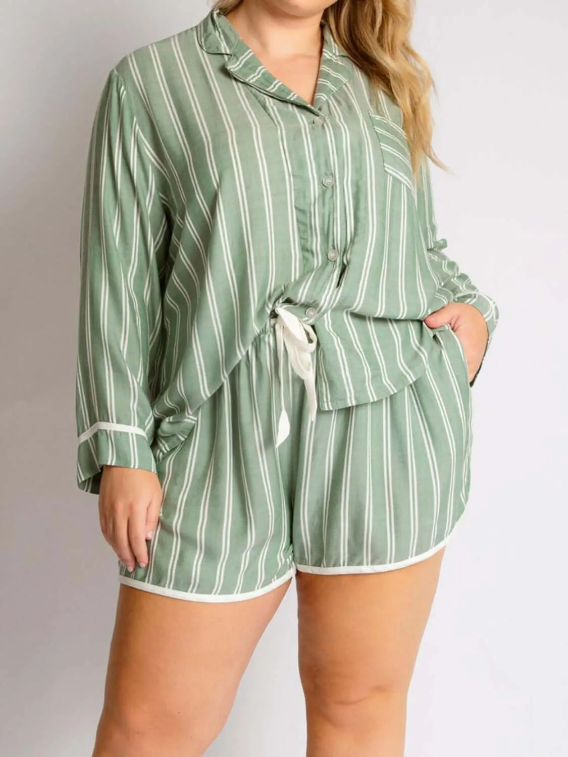 Laid-Back Stripes: Collared Neck Top & Shorts Lounge Set