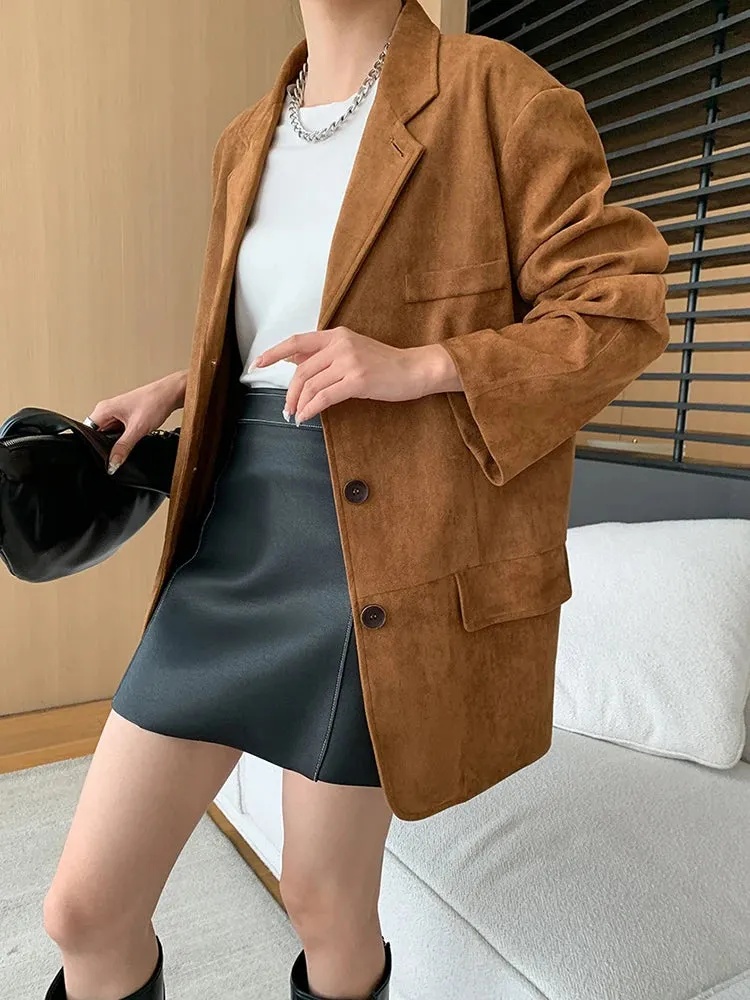 [LANMREM] Vintage Blazers for Women Notched Single Breasted Long Sleeve Office Lady Loose Jackets 2024 Autumn New 26D9821