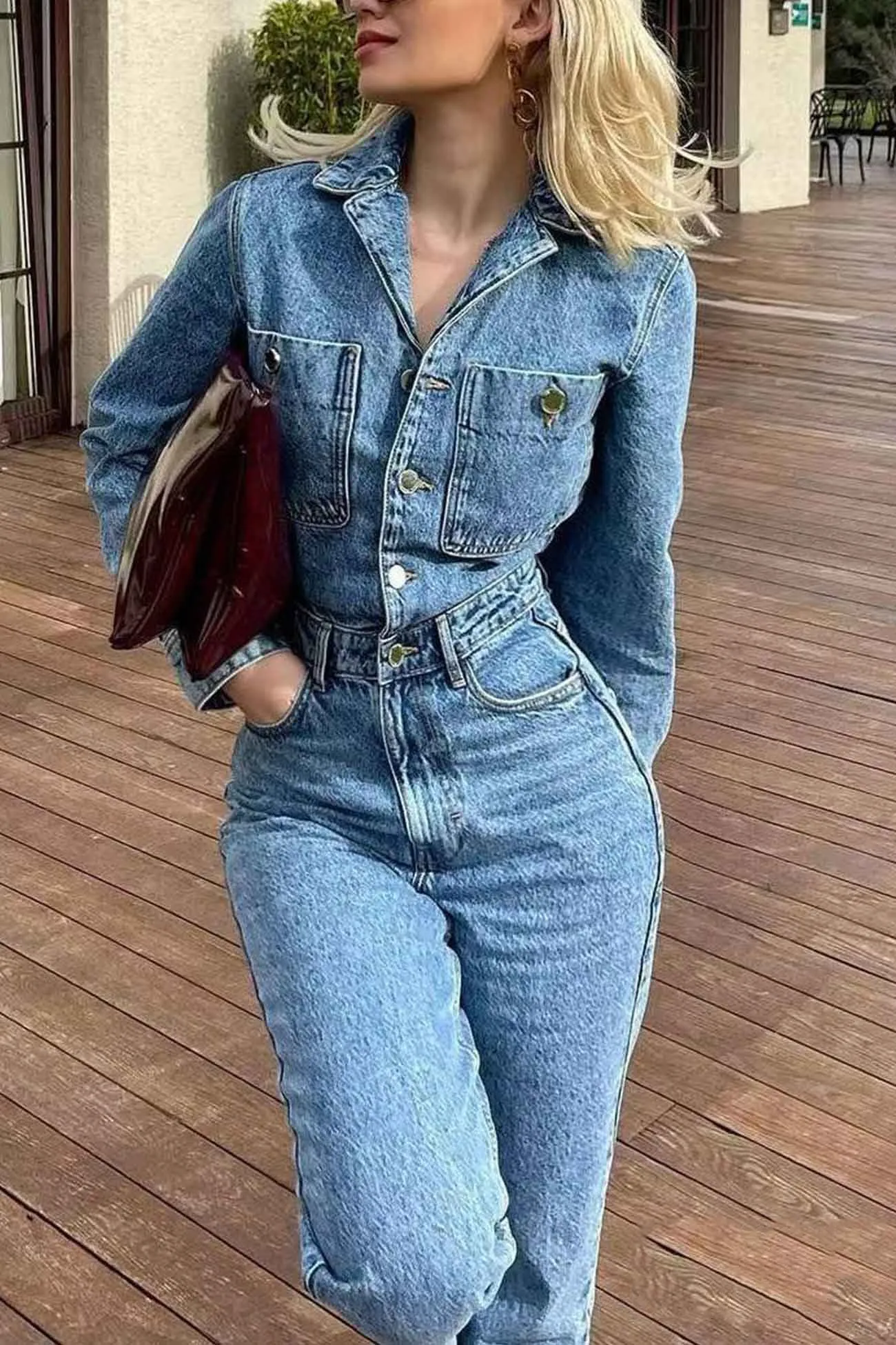 Long Sleeve Pocketed High Waist Denim Jumpsuits