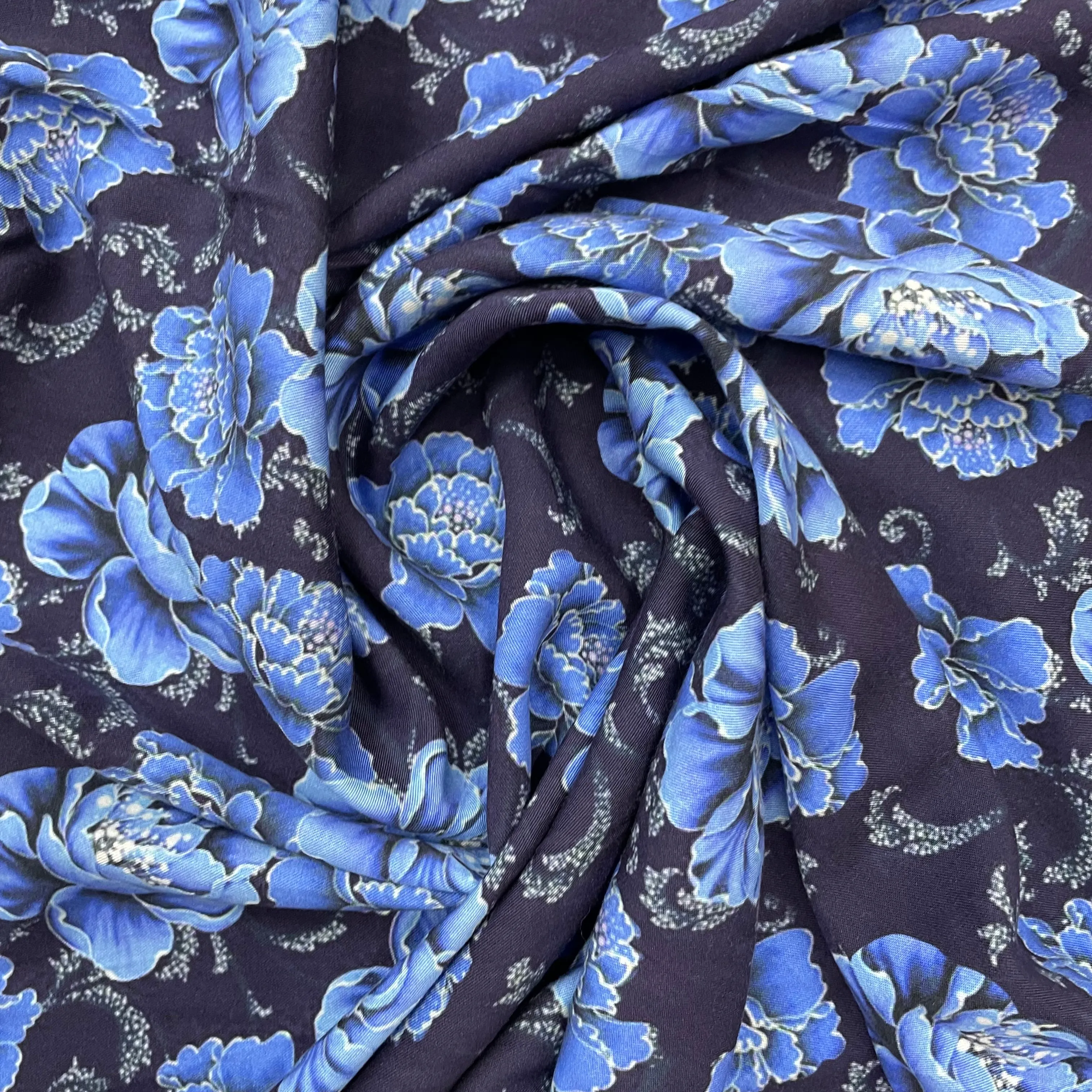 Navy Blue Floral Print Spun Fabric