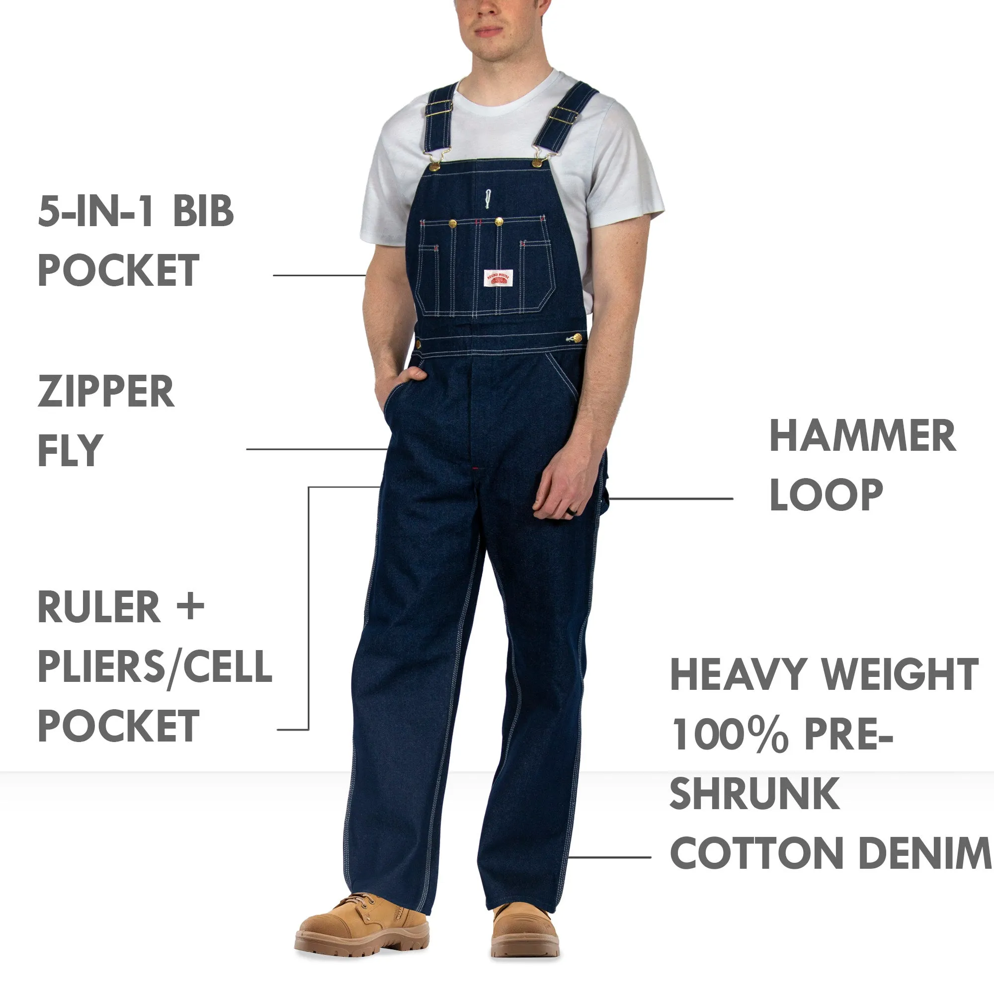 Non-USA Classic Blue Denim Zipper Fly Bib Overalls - Not Sewn in USA