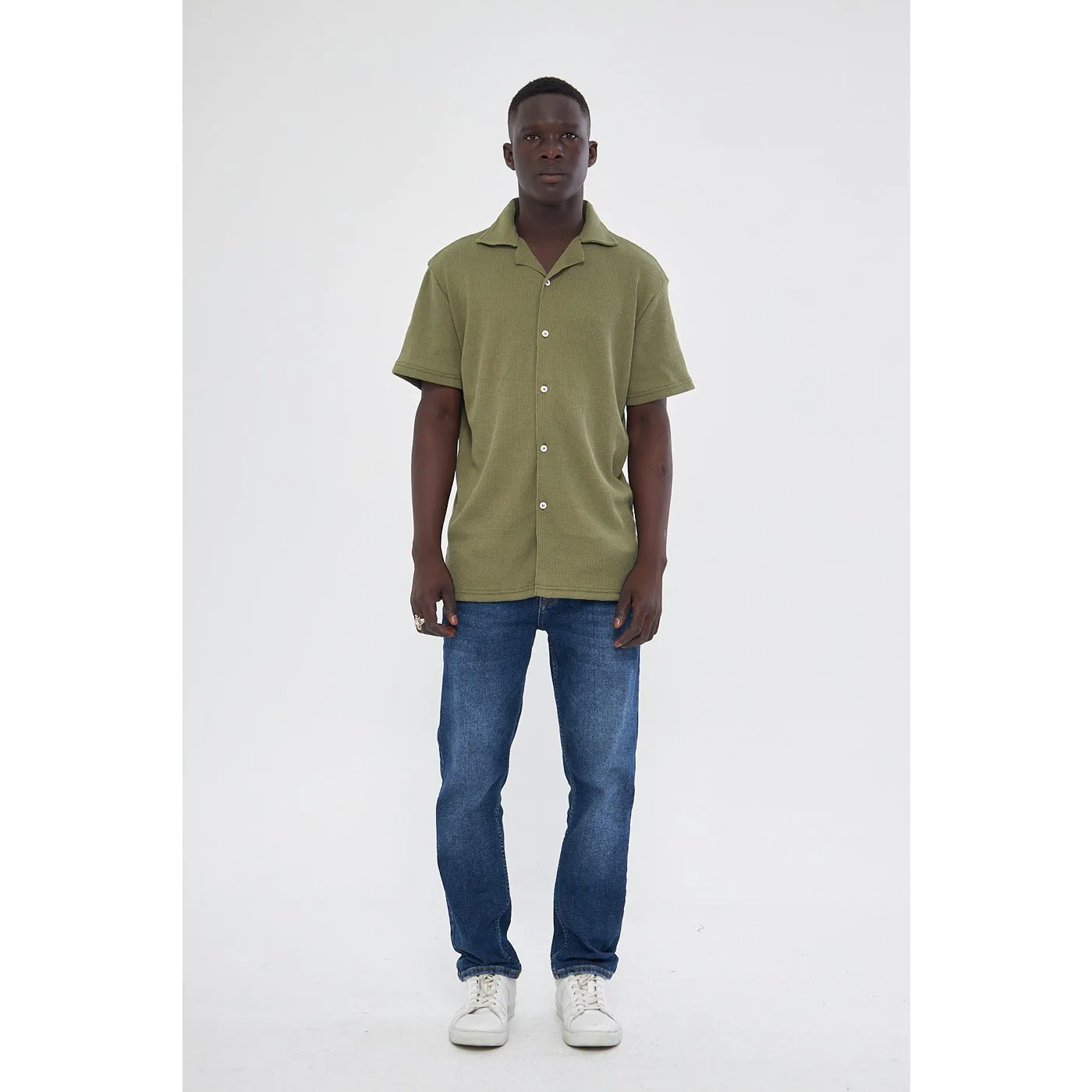 Olive Button Down Waffle Shirt