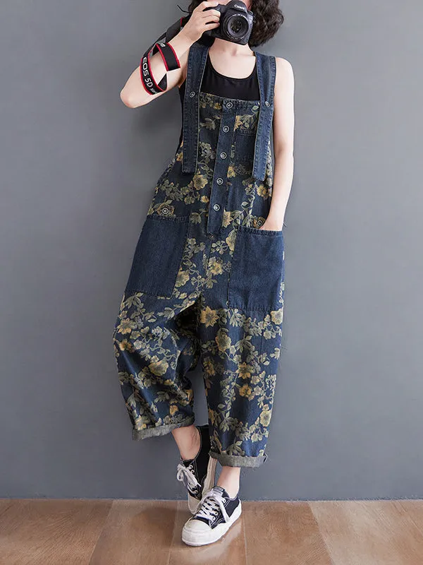 Oversize Floral Printed Denim Overalls