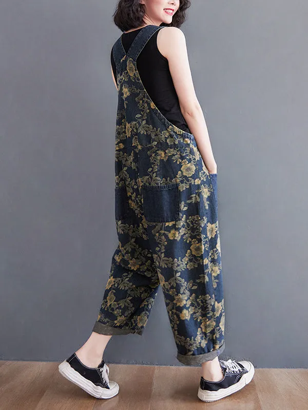 Oversize Floral Printed Denim Overalls