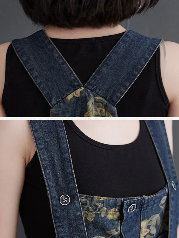 Oversize Floral Printed Denim Overalls