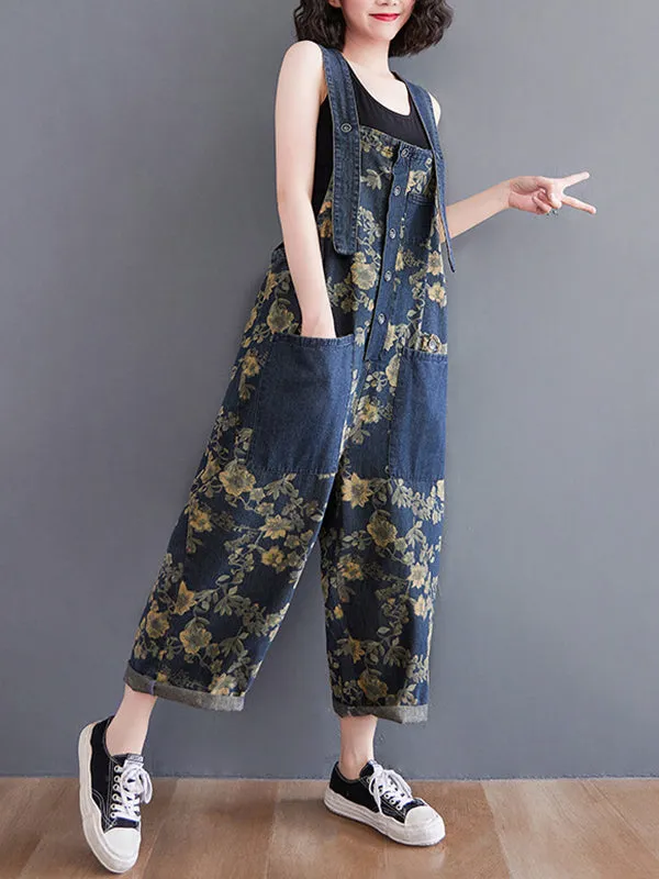 Oversize Floral Printed Denim Overalls