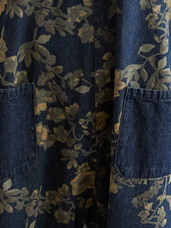 Oversize Floral Printed Denim Overalls