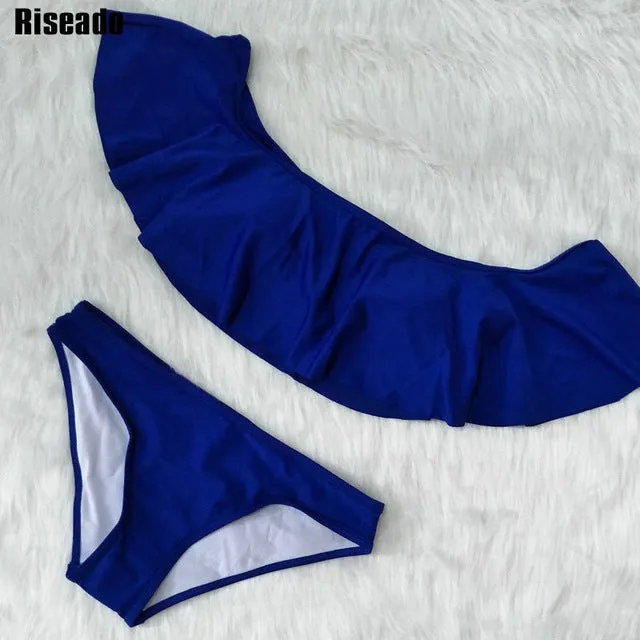 Riseado Summer Ruffle Bikini Set Swimwear Women Sexy 2017 Low Waist Women's Swimsuit Beachwear Solid Bathing Suits