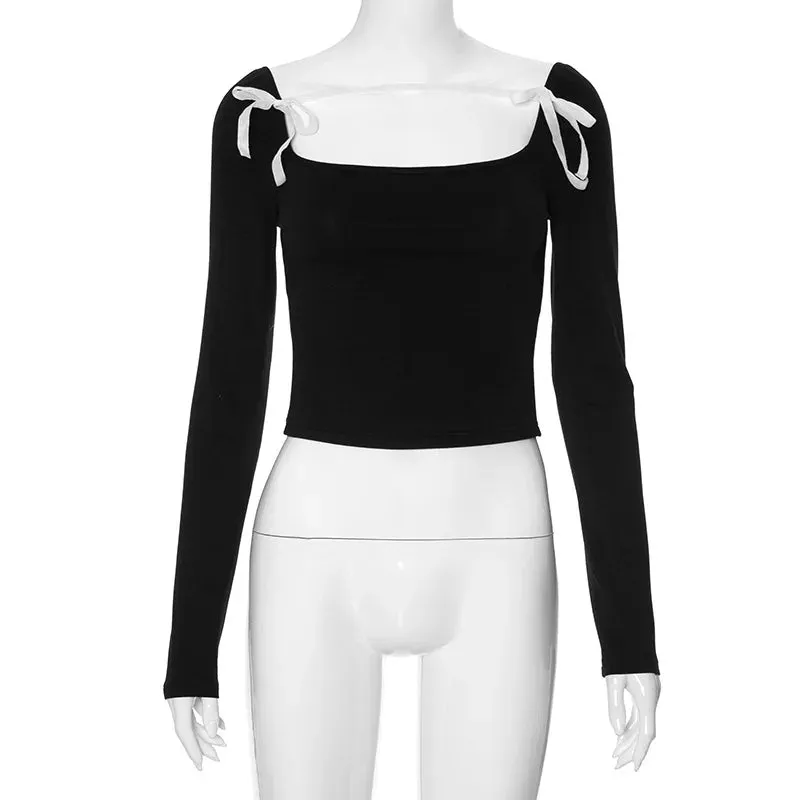 Slim Black Femme Street Casual Crop Backless Long Sleeve Bandage Bodycon Bow Splice Top