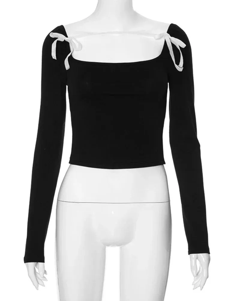 Slim Black Femme Street Casual Crop Backless Long Sleeve Bandage Bodycon Bow Splice Top