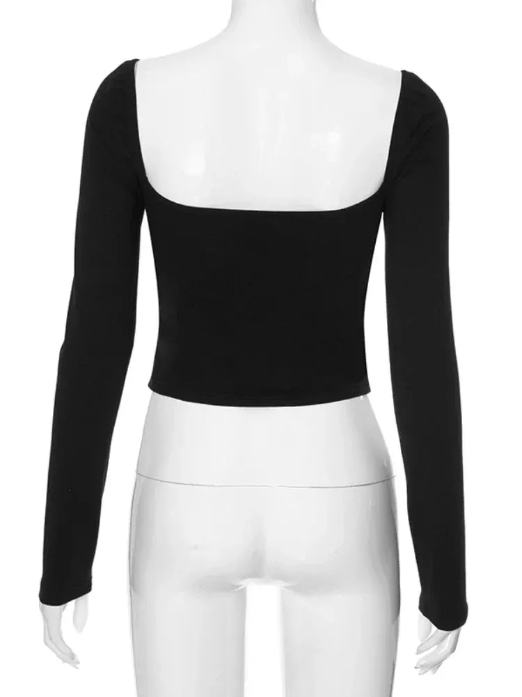 Slim Black Femme Street Casual Crop Backless Long Sleeve Bandage Bodycon Bow Splice Top