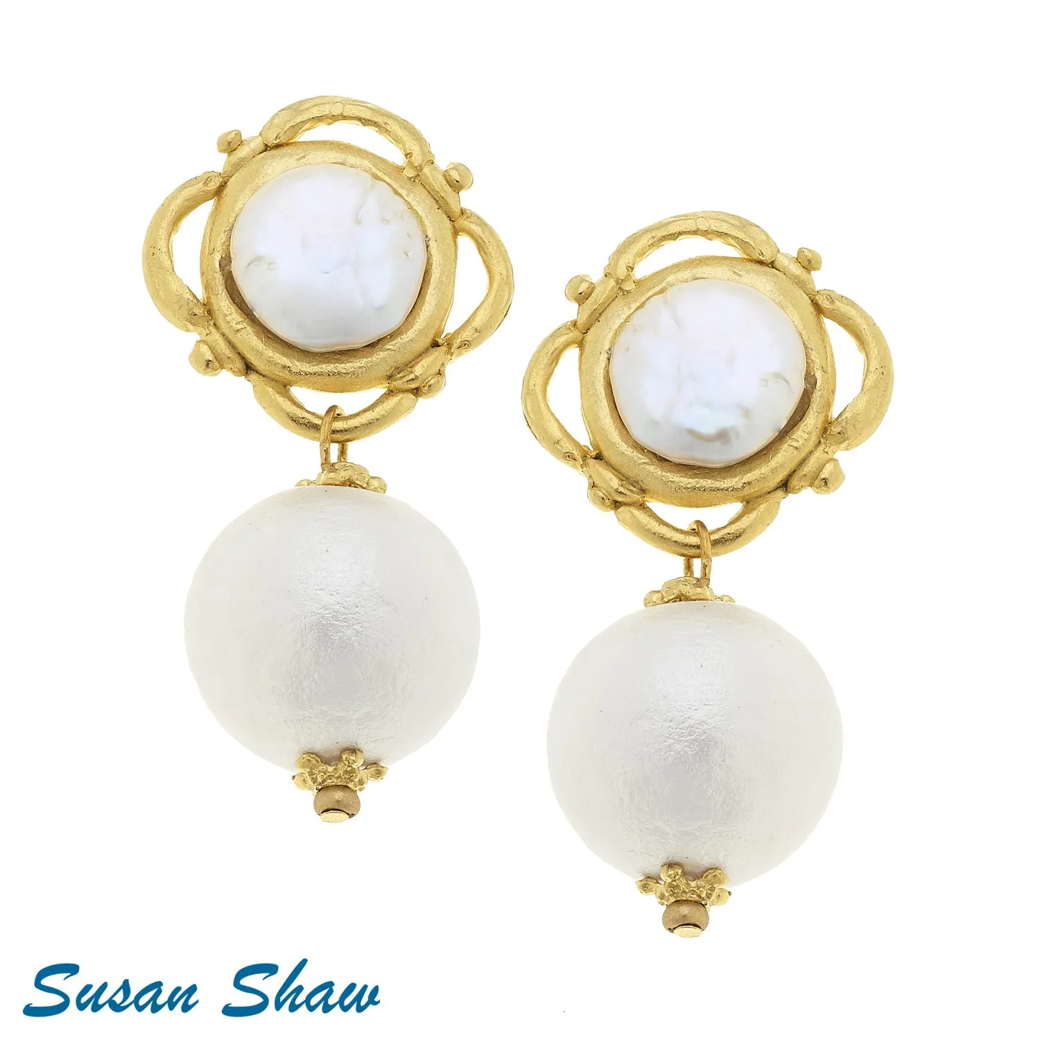 Susan Shaw Gold with Coin Pearl and Cotton Pearl Clip Earrings