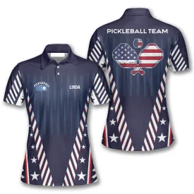 US Flag Pickleball Polo Shirts For Women, Custom Name Team Flag Pickleball Shirt