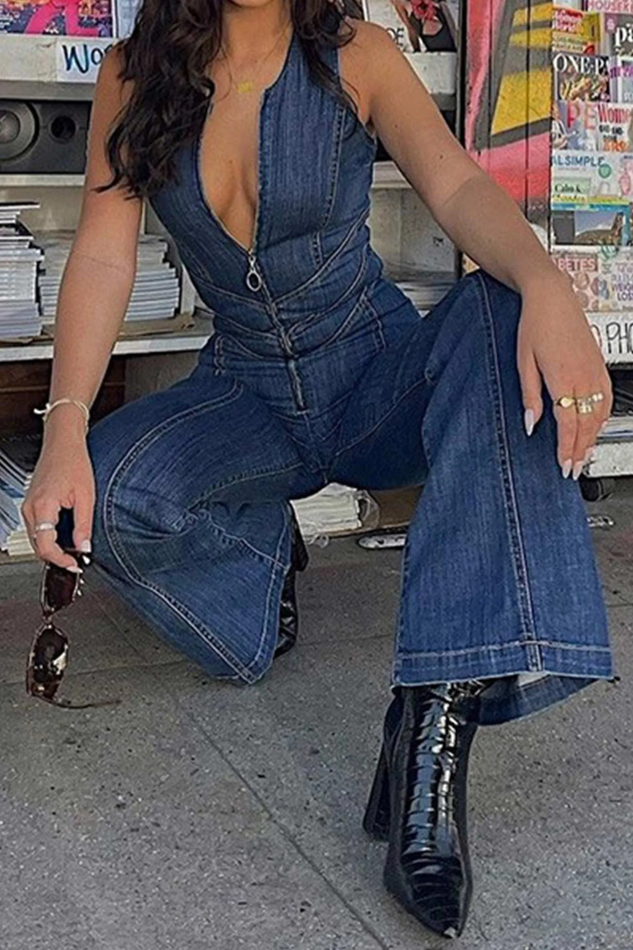 V Neck Zipper Cutout Sleeveless Denim Jumpsuits