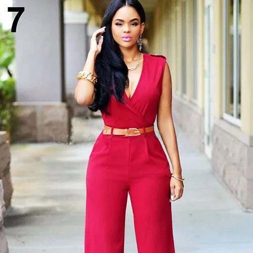 Women Sleeveless V-Neck High Waist Wide Leg Romper Pants Jumpsuit with Belt