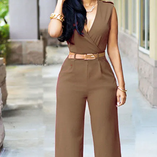 Women Sleeveless V-Neck High Waist Wide Leg Romper Pants Jumpsuit with Belt