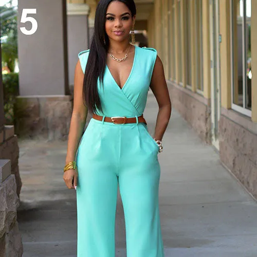 Women Sleeveless V-Neck High Waist Wide Leg Romper Pants Jumpsuit with Belt