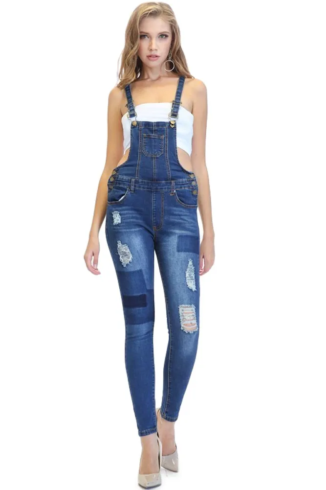 Women's Patched & Distressed Skinny Overalls