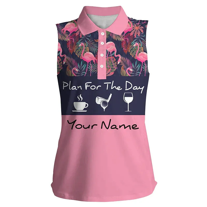 Women's sleeveless golf polo shirt, floral flamingo pattern tropical leaves custom team golf shirts