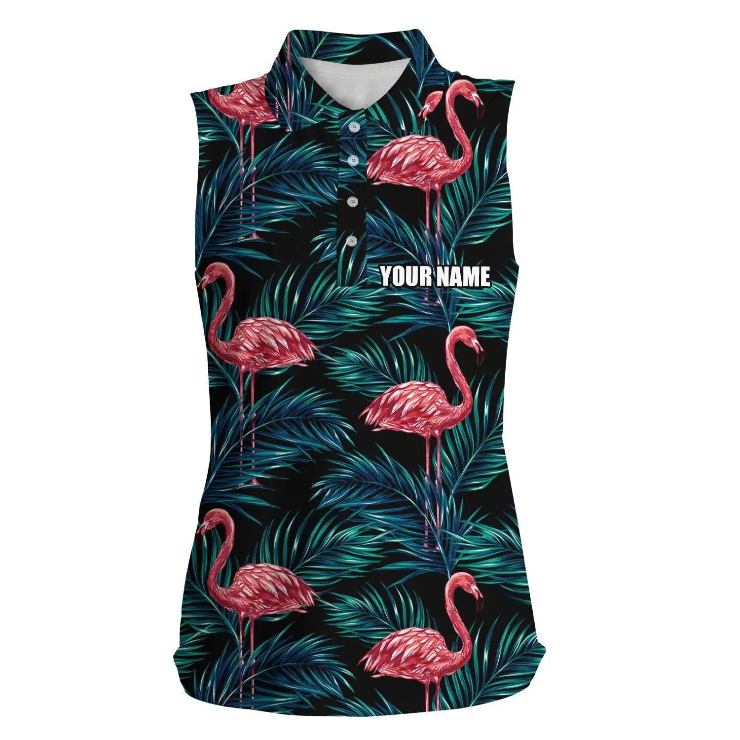 Women's sleeveless golf polo shirt, floral flamingo pattern tropical leaves custom team golf shirts