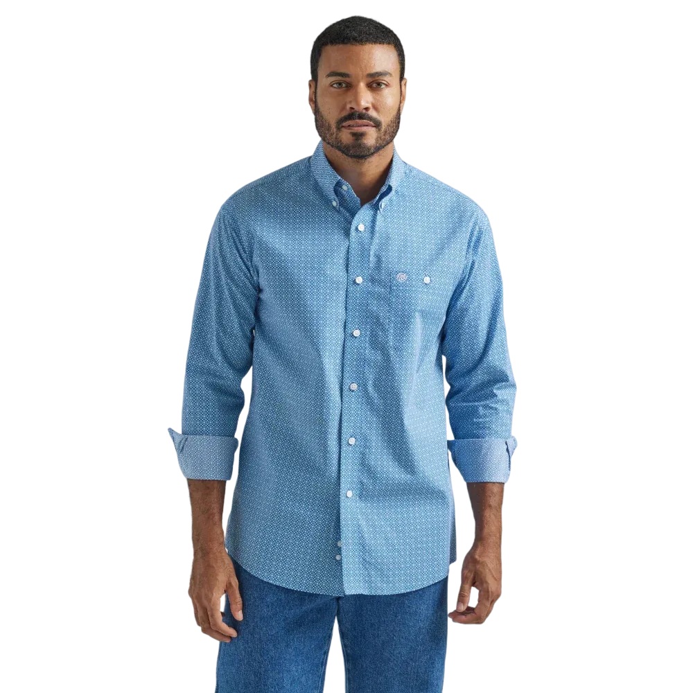 Wrangler Men's Long Sleeve Western Blue Print Shirt