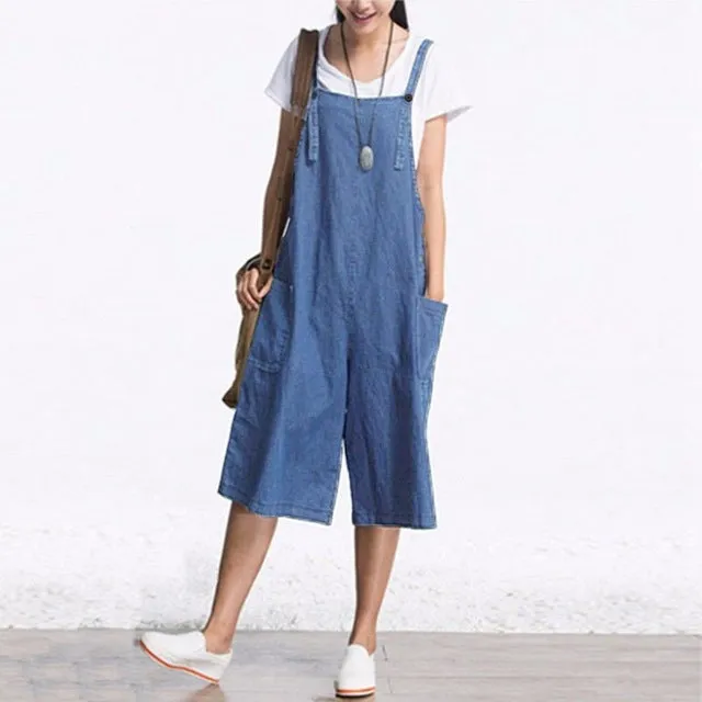 ZANZEA Womens Jumpsuits 2017 Sleeveless Adjustable Strap Pockets Button Wide Leg Denim Blue Retro Rompers Calf Length Overalls